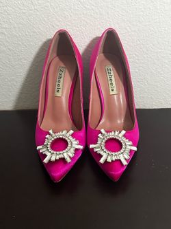 Pink satin heels with rhinestone embellishments- size 6