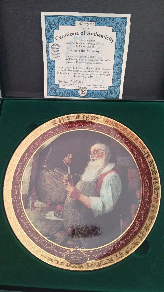 Norman Rockwell's Christmas Memories "Santa In His Workshop" Collective Plate In Original Box With Certificate