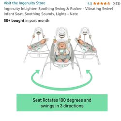 Ingenuity InLighten Soothing Swing & Rocker - Vibrating Swivel Infant Seat, Soothing Sounds, Lights - Nate Brand New in the Box 