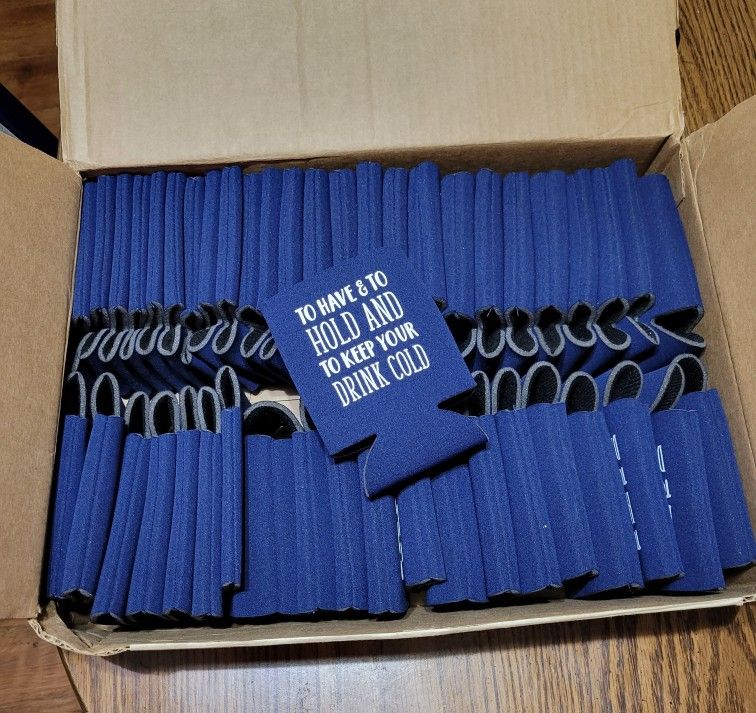 Navy Blue Drink Koozies with White Writing