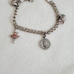 925 Sterling Silver Double Link Charm Bracelet Hearts Ballerina E Medallion 7.25”