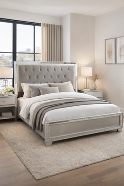 Queen Upholstered Panel Bed with Mirror Frame Accent