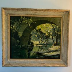 Vintage Art by Anthony Thieme 39 x 33h Titled “Le pont a la colle” Print on board Smoke and pet free household