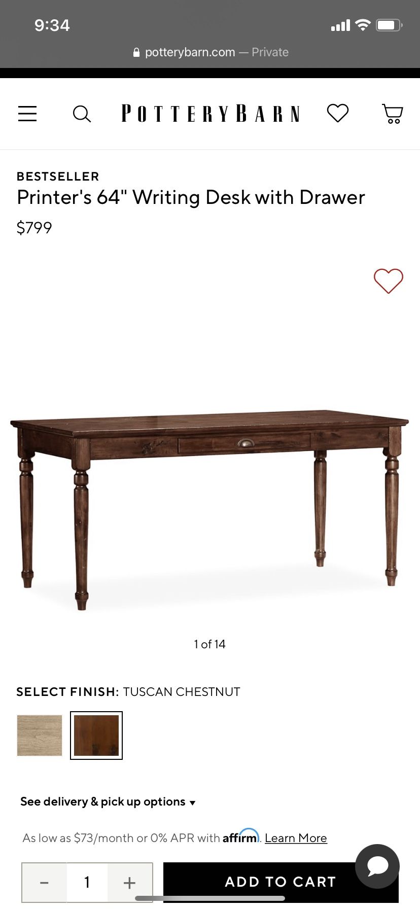 Used Pottery Barn Printer’s 64” Writing Desk