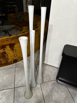 4 tall ZGALLERIE white glass floor pipe vases with 15 red & white contorted willow sticks