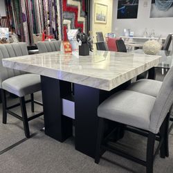 Gray/Brown Top Marble Bar Table W/ Black Sturdy Base W/ 4 Microfiber FREE Bar Stools ( We Deliver) 