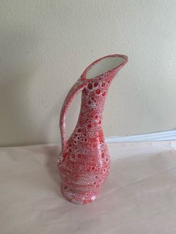 Vintage Red White Splatterware Ewer Pitcher Vase MCM Art Potter Ceramic Glaze 9”