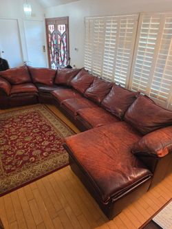Patinated Cognac Leather Corner Sofa with Plump Cushions