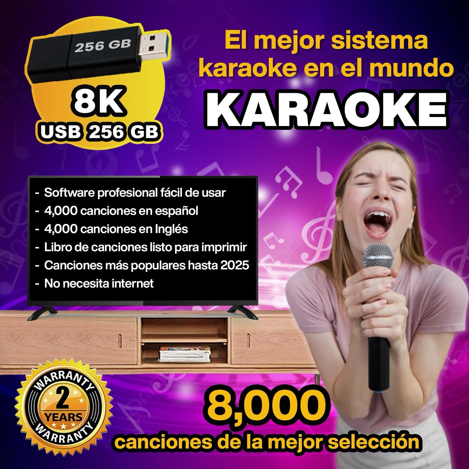 Karaoke USB Drive 8,000 songs All times Real and High Quality ENGLISH & SPANISH KARAOKE songs