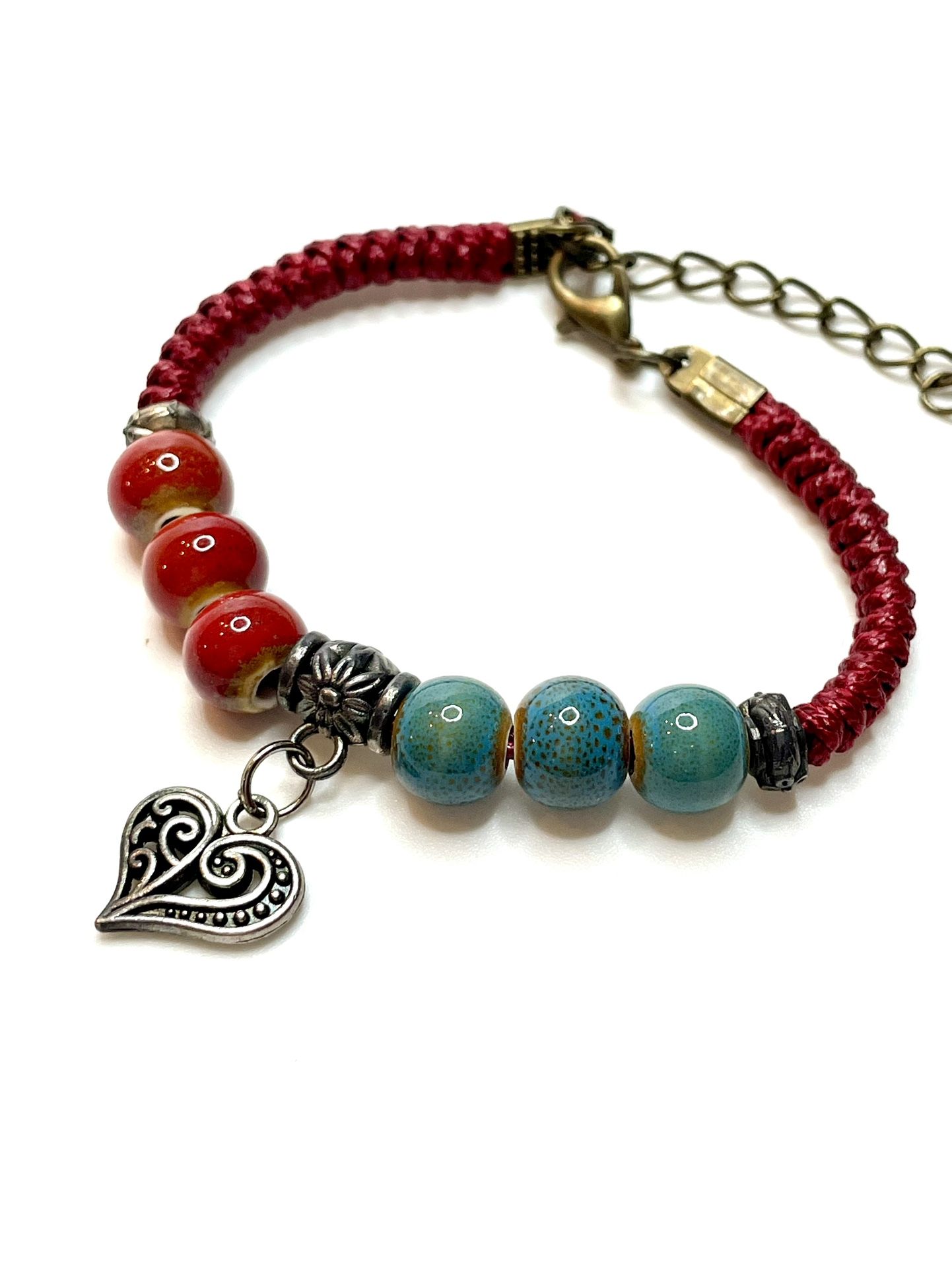 Red Turquoise Macrame bracelet silver heart charm ceramic beads blue