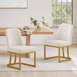 Set of 2 Ivory Upholstered Dining Chairs with Gold Legs