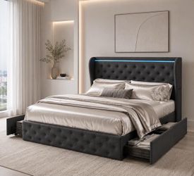 Upholstered Queen Size Platform Bed Frame with 4 Storage Drawers ,Dark Gray L-2