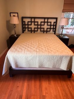 Queen Dark Wood Platform Bed Frame with Geometric Headboard