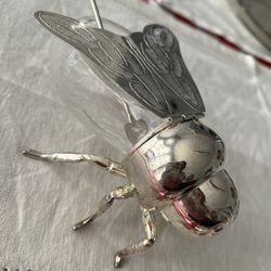 Vintage 1997 Silver Plate and Glass Flgural Bee Honey Dish .