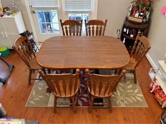 Solid Wood Dining Set - Table, 6 Chairs, 2 Leaves