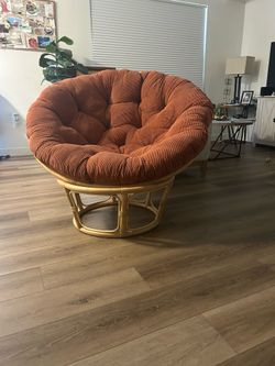 Rattan papasan chair frame with corduroy cushion
