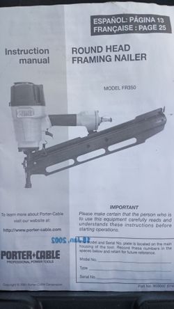 Nail Gun Porter Cable 350 Round Head Framer's Gun, Box And Instructions Included.