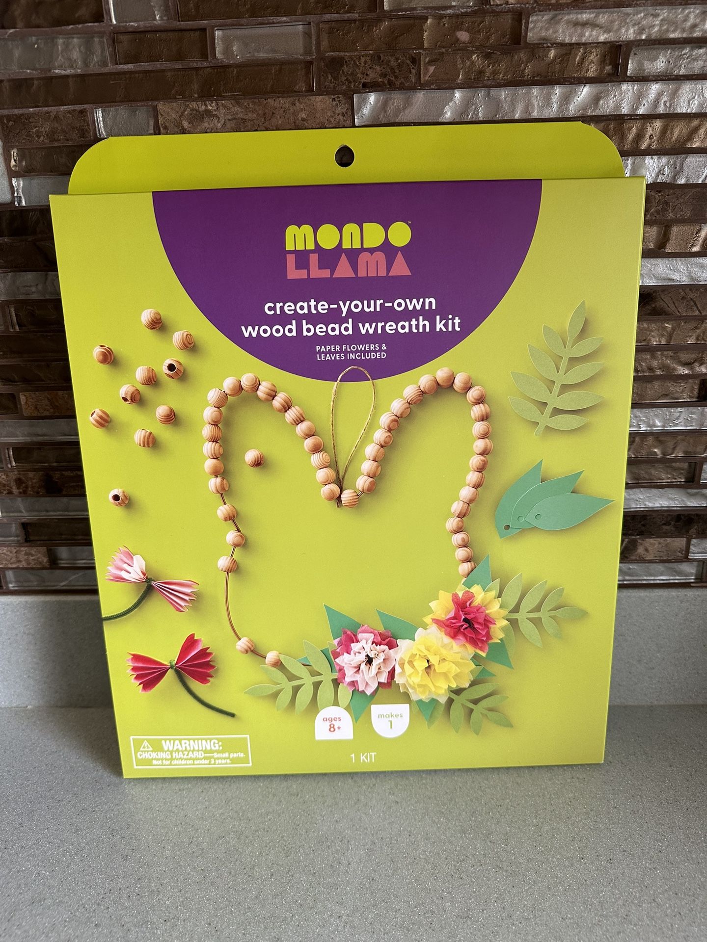BRAND NEW CREATE YOUR OWN WOOD BEAD WREATH KIT PAPER FLOWERS AND LEAVES INCLUDED 