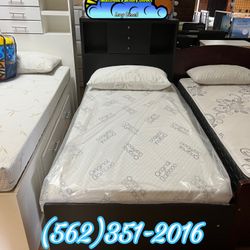 Twin Black Wood Bed Frame With 5 Drawers & Memory Foam Mattress Included- Cama Negra Completo Con Cajones Y Colchon Bamboo 