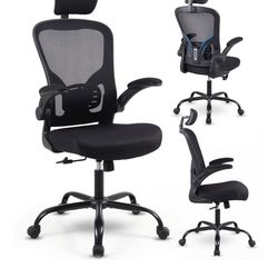Brand New Black Mesh Tall Back Ergonomic Office Chair w/Flip Up Padded Armrests & Adjustable Headrest
