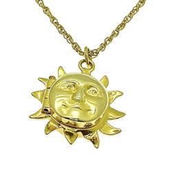 Sun Face Locket Necklace, Long Gold Plated Chain with 3D Pendant, Polished Solar Necklace, Celestial Jewelry Accessory, Memorial Jewelry Gift for Woma