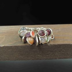 Size 5.75 Sterling Silver Custom Made Various Semi Precious Charms Band Ring Vintage