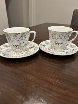 Skull Print Teacup and Saucer Set of 2