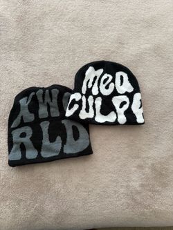 Two Black Graphic Knit Beanies