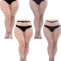 URATOT 4 Pairs Plus Size Black Fishnet Cross Mesh Tights Sexy Fishnets Pantyhose Stockings Thigh High Stockings

