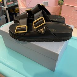 Prada black leather sandals (women’s, size 38 EU) with golden Belt Buckle Prada Sport / Prada Vit Sport line 
