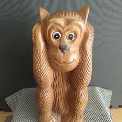 Vintage 12"H Hand Carved Sitting Monkey  Wood Figurine