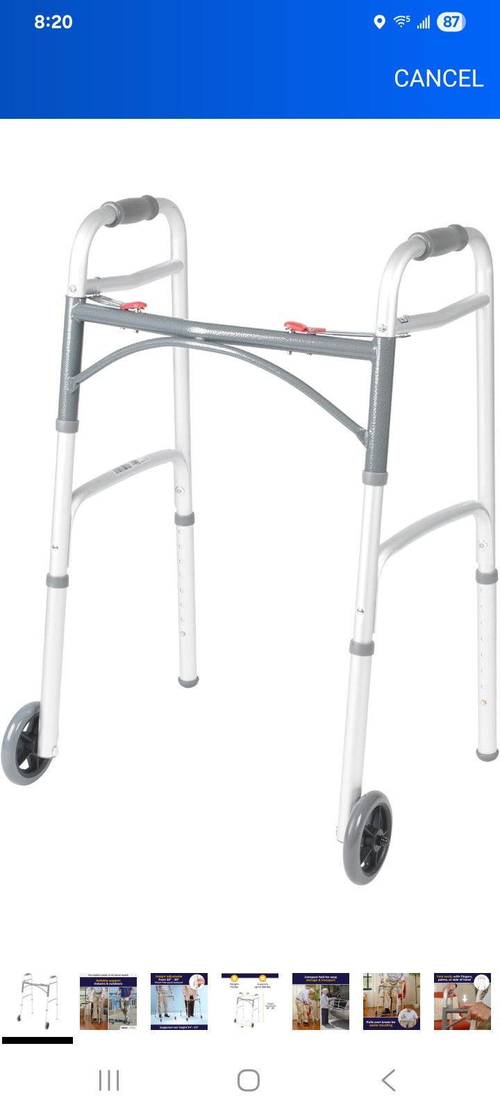 Drive Medical 10210-1 2-Button Folding Walker with Wheels, Rolling Walker, Front Wheel Walker, Lightweight Walkers for Seniors and Adults Weighing Up 