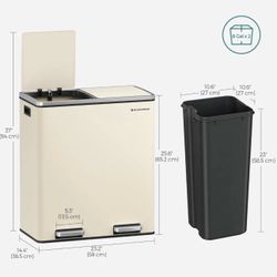 SONGMICS 2 x 8 Gallon Garbage Trash Can 2 Compartments Foot Pedal Soft Close Lid - Almond
