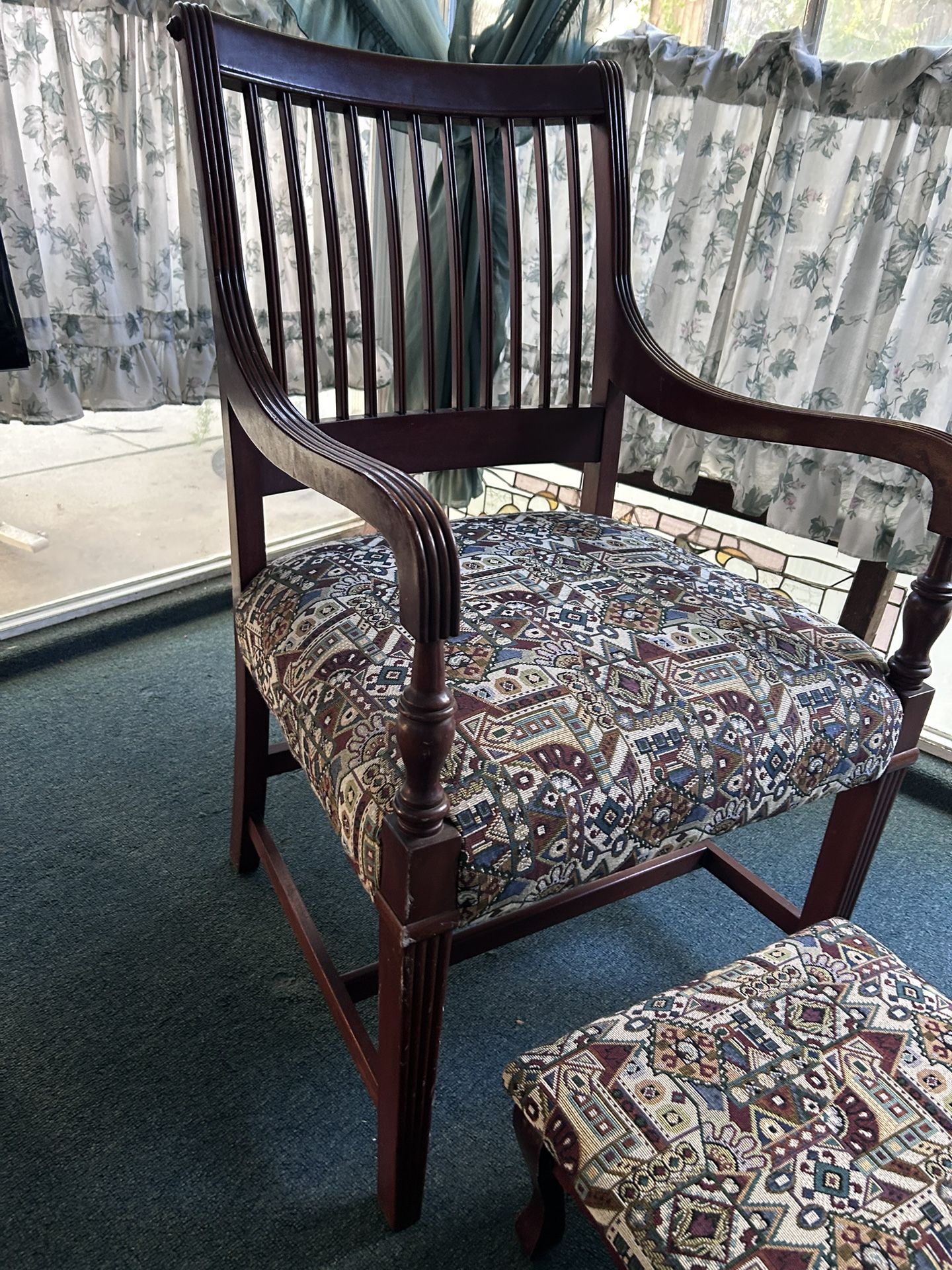 Antique Mahogany Cork Slatted Chair With Matching Footstool