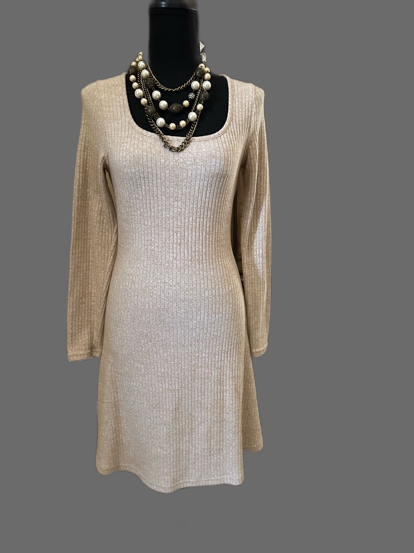 Long Sleeve Knit Dress With Necklace 