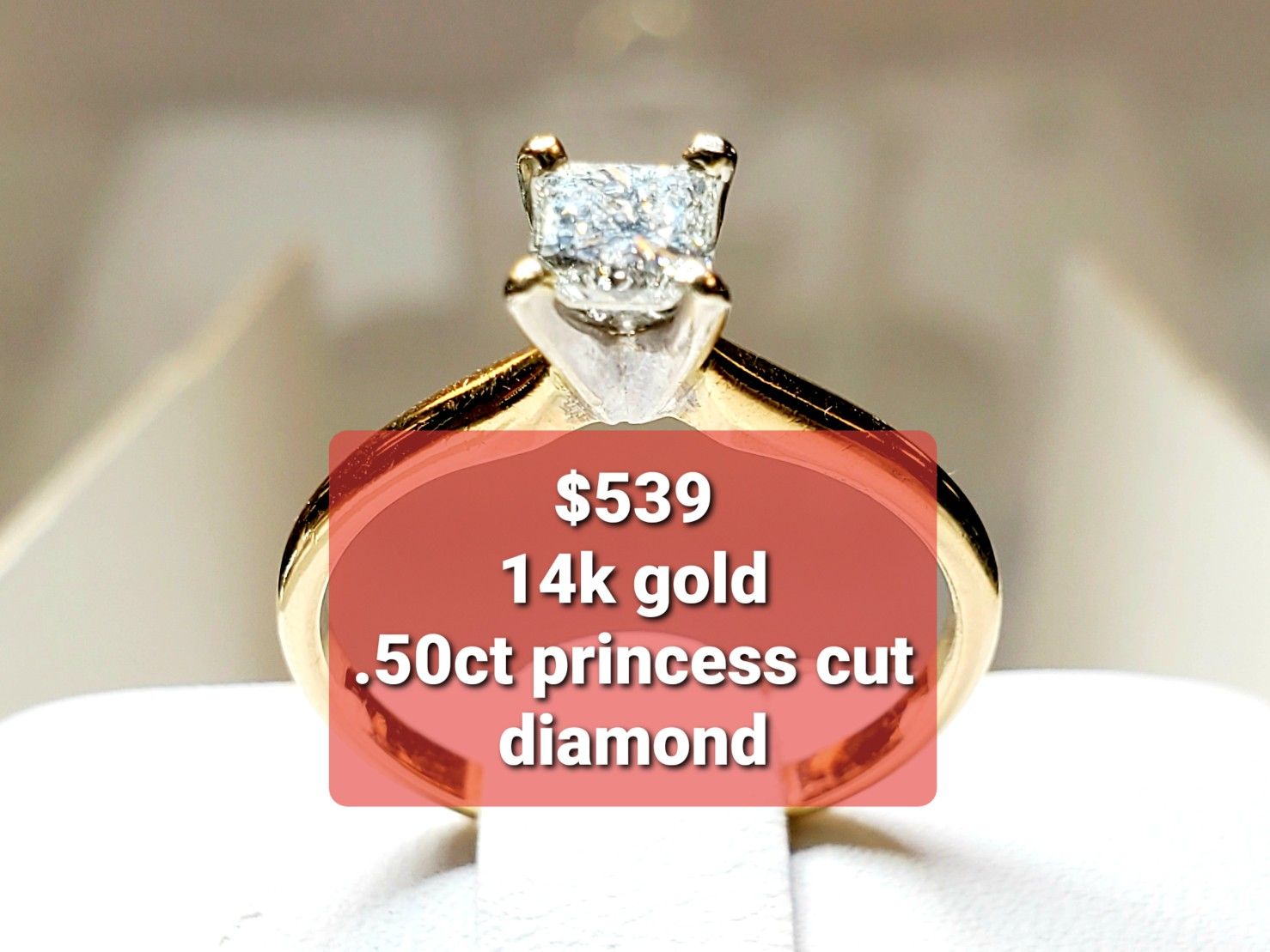 14k gold, half carat princess cut diamond ring