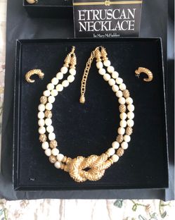 Vintage FM 1988 The Franklin Mint Mary McFadden Baroque Glass Pearl Bead Textured Gold Tone Rope Knot Design Necklace & Earrings Etruscan Style Jewelr