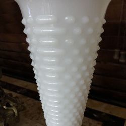 Vintage Hobnail White Milk Glass Ruffle Top Vase 9.5"