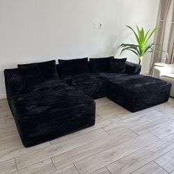 Midnight Black 5-Piece Corduroy Modular Sectional Sofa Couch New 