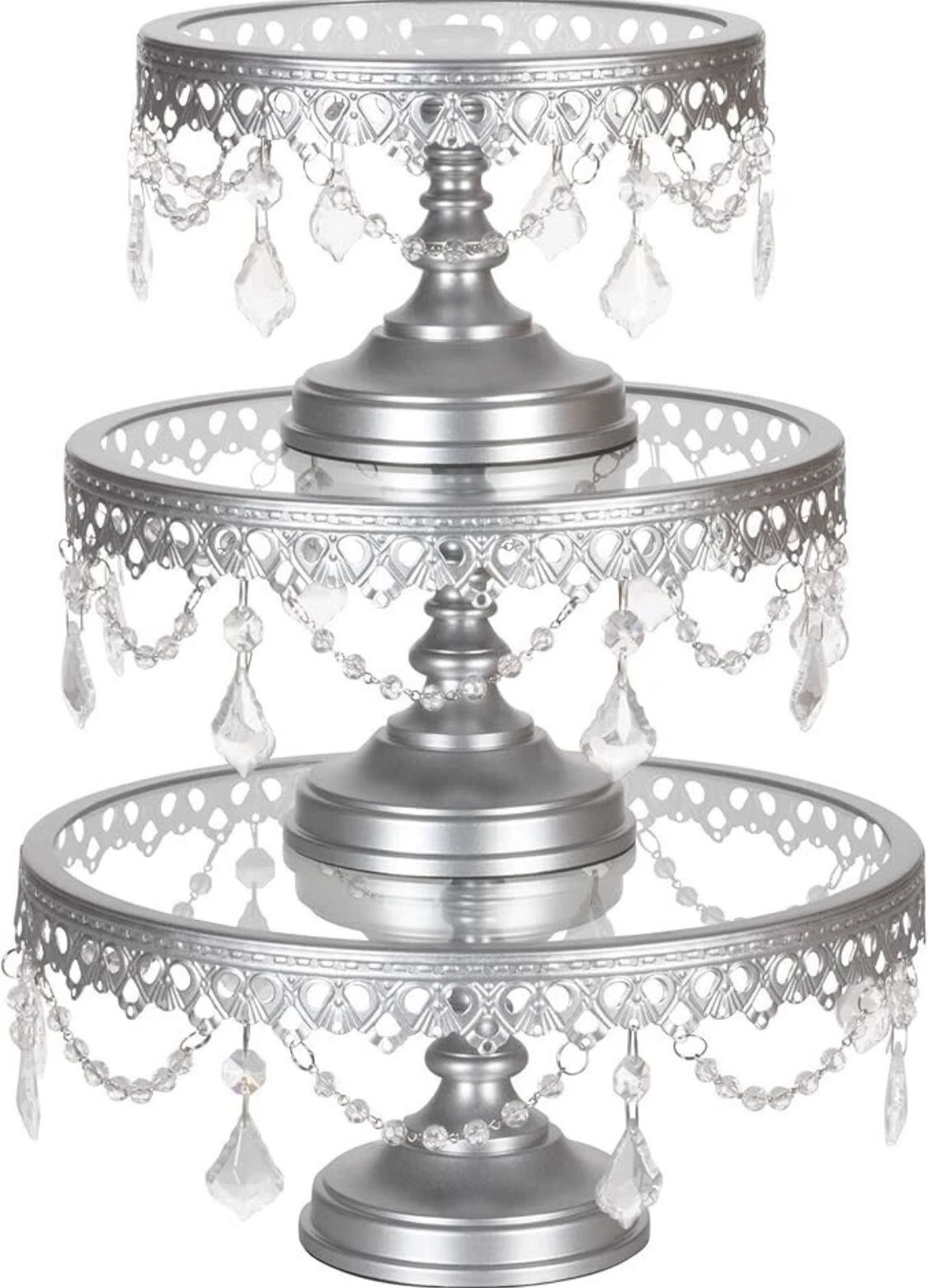 Amalfi Decor Silver Cake Stand Set of 3 with Glass Tops and Crystals - With Box