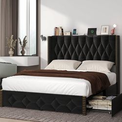 Full Size Wingback Velvet Bed Frame With 2 Storage Drawers 
