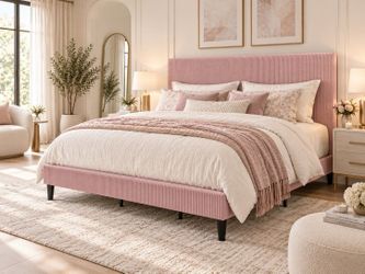 King Bed Frame, Corduroy Tufted Headboard, Light Pink
Soft Corduroy Fabric, Adjustable Headboard, 1000 lb Capacity, Wooden Slats, No Box Spring Needed