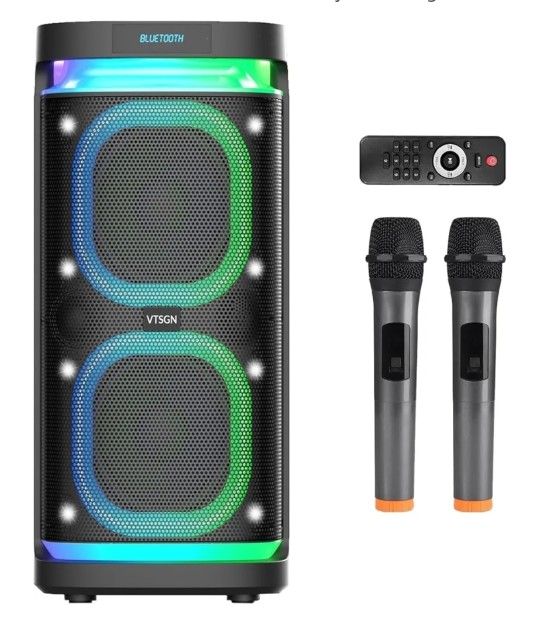 Portable Bluetooth Karaoke Machine PA System with 2 Wireless Microphones Disco Lights Retails $150