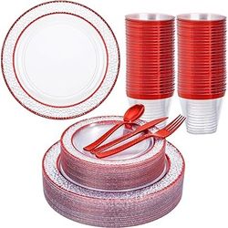 Ciaell 150 PCS Clear Red Plastic Dinnerware Set