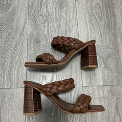 Women's Braided Heeled Sandals Backless Square Open Toe Block Heels Size 8 1/2