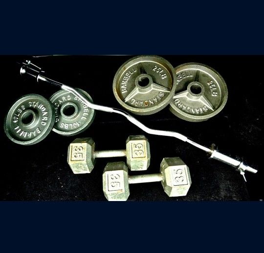 WEIGHTS - 35 LB  DUMBELLS (x2)  +  EZ CURL BARBELL SET: EZ CURL BAR, 25 LB PLATES (x2), 10 LB PLATES (x2) 