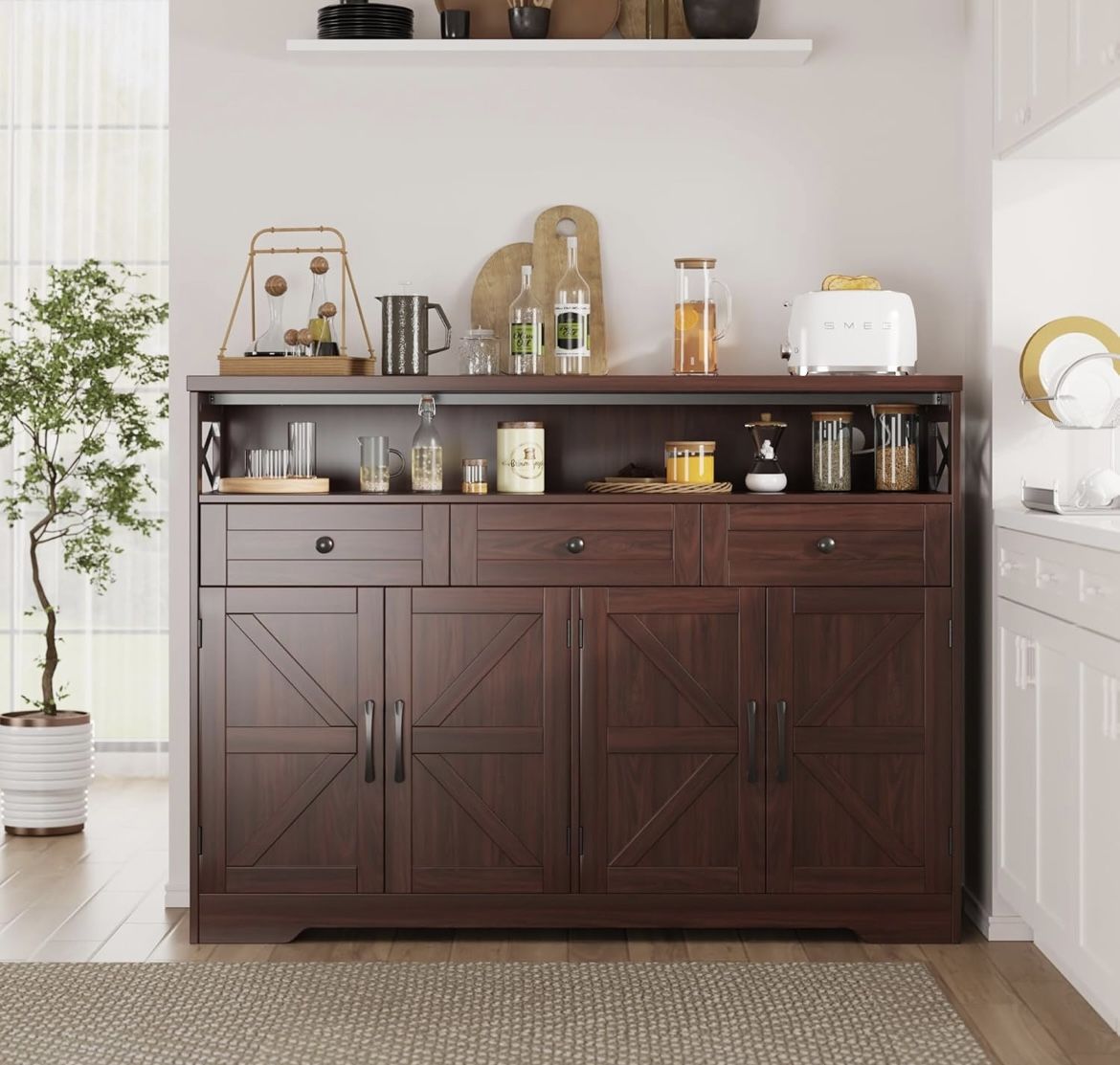 51" Dark Brown Buffet Sideboard Cabinet, Farmhouse Storage Cabinet Kitchen Pantry with Shelf and Drawers, Wood Cupboard Hutch Cabinet, Coffee Bar Stat