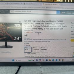 AOC 24G15N 24 inch Gaming Monitor, Full HD 1920x1080, 180Hz 1ms, 1x HDMI 2.0, 1x Display Port, AMD FreeSync, 3-Sided Frameless, HDR Ready- Black