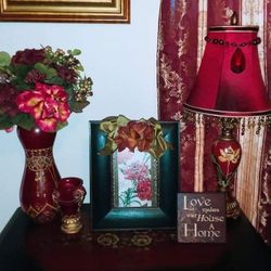 HAND PAINTED FLORAL FLOWER VASE URN ACCENT TABLE DECOR BEADED FRINGE LAMP SHADE ROSE FRAME PICTURE