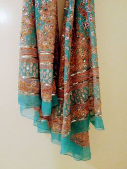 Chiffon Scarf In Turquoise Color With Embroidery In Gold, Brown  and Silver.